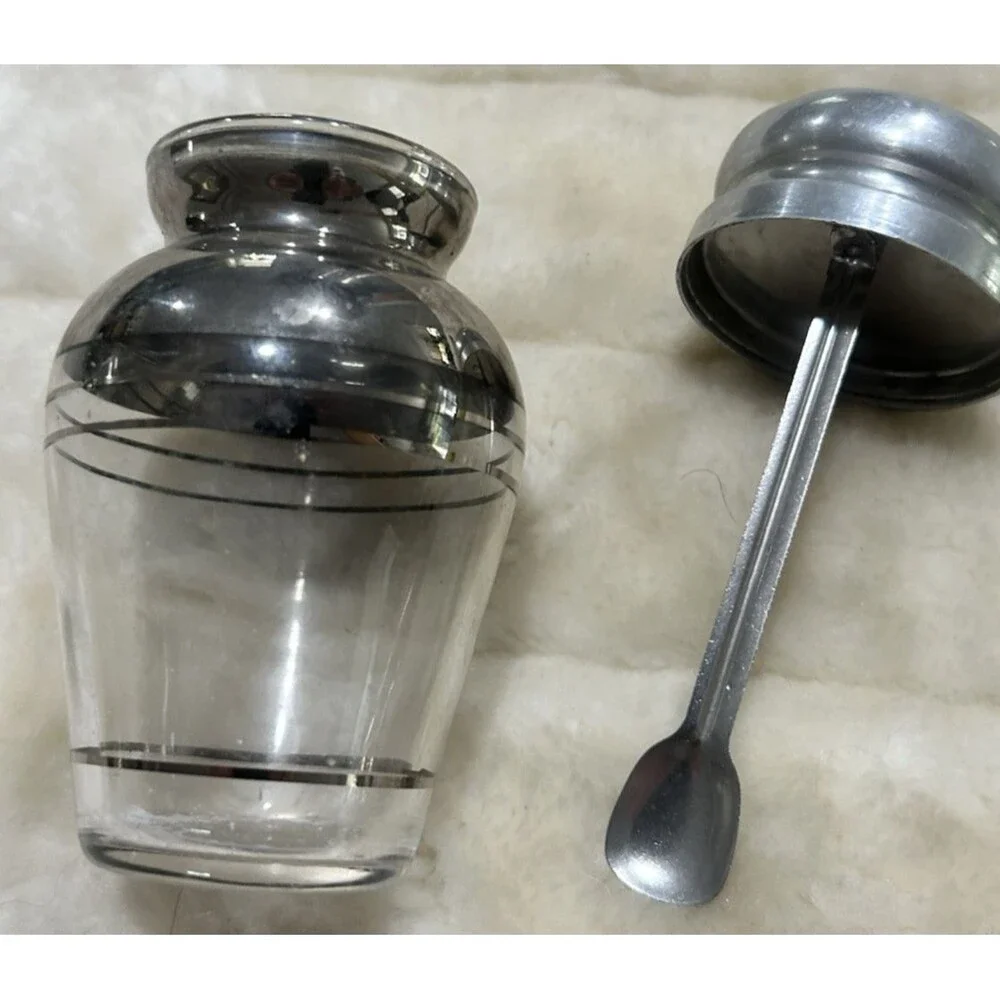 Vintage Glass Condiment Jar With Aluminum Top With Spoon Attached MCM Farmhouse